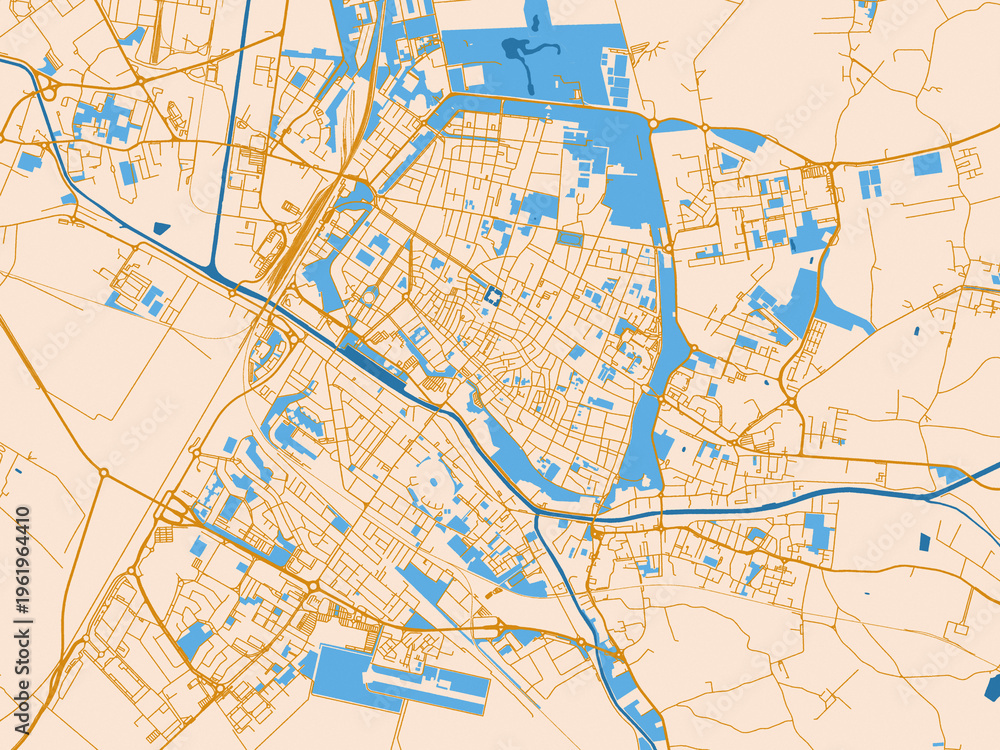 Fototapeta premium City map poster of Ferrara, Italy – golden linework with blue water