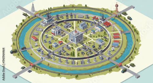 Circular City Design with Central Building and Surrounding Waterway.