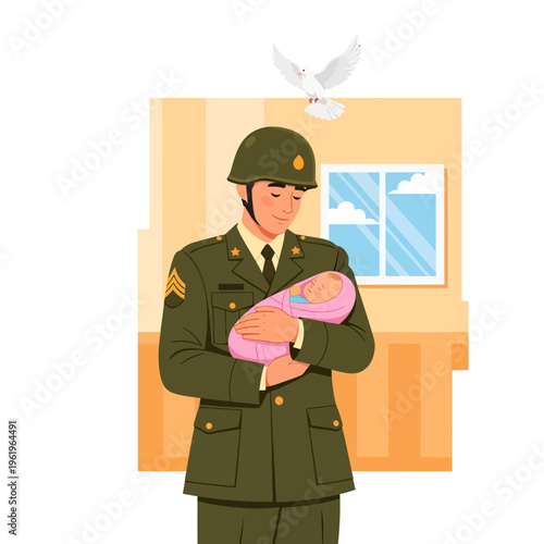 Soldier holding a newborn baby with a dove of peace flying above