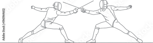 A dynamic vector illustration captures two fencers in full gear engaged in an intense, competitive duel, showcasing their agility and strategic skill with crossed foils during a thrilling match.