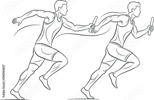Artistic black and white line drawing depicting two strong male runners engaged in a fast-paced relay race, demonstrating the precise and synchronized moment of a baton pass during the competition.