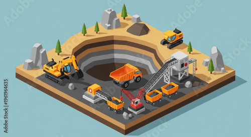 Isometric Open-Pit Mining Operation with Heavy Machinery and Conveyor Belt.