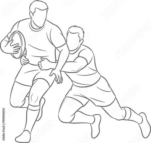 Dynamic line art illustration depicts two rugby players actively engaged in a fierce game, with one player running vigorously with the ball as the other attempts to make a tackle.