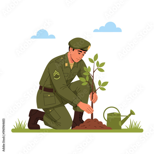 Soldier planting a young tree in a green uniform