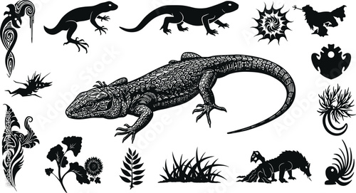 Vector lizard silhouette with tribal reptile designs, decorative nature plants, abstract artwork, wild reptile illustration, exotic animal