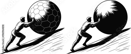 Stick figure silhouettes, pushing soccer ball uphill, smooth sphere effort, perseverance struggle, hard work concept, determination challenge, resilience 