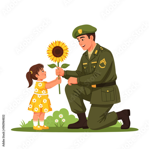 A soldier in uniform kneeling and giving a sunflower to a little girl