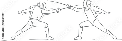 A compelling line art illustration captures two fencers in a dynamic duel, demonstrating intense concentration, precision, and athletic prowess during a thrilling competitive fencing match.