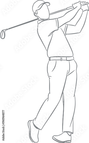 Dynamic line art illustration of a male golfer executing a powerful swing with a golf club, showcasing his form in a stylish outline vector, perfect for sports and leisure design projects.