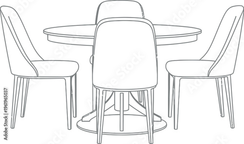 Clean line art illustration showcasing a modern round dining table and four matching chairs, offering a minimalist aesthetic ideal for interior design, furniture catalogs, or decorative elements.