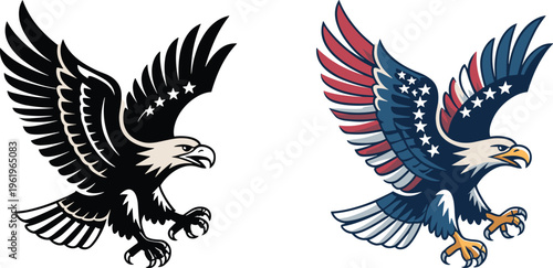 Vector bald eagle landing illustration in black and color with American flag patterns on wings for patriotic and sports branding