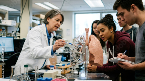 Professor showing lung model to student in laboratory. Scientific researcher teaching biology group about human anatomy. Medical education and innovation in academic study environment.