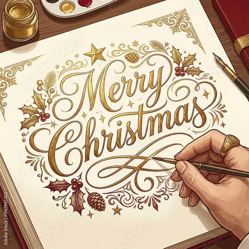 A hand using a brush to draw Merry Christmas in a vintage typography style with surrounding vector ornaments copy