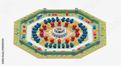 Overhead View of a Medieval Castle Model with Red and Blue Figures.