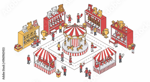 Flat Vector Festival Carnival Illustration with Merry-Go-Round, Attractions, and Fairground Activities