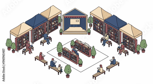 Flat Vector Festival Courtyard with Buildings, People, Benches, Trees, Earthy Tones, and Blue Accents