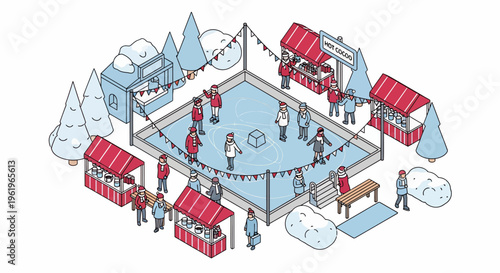 People gather at an outdoor ice skating rink surrounded by vendors and trees while using social media on their mobile devices for communication.