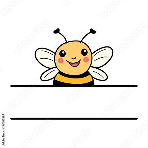 A cheerful cartoon bee with a smile and rosy cheeks in a minimalist vector illustration