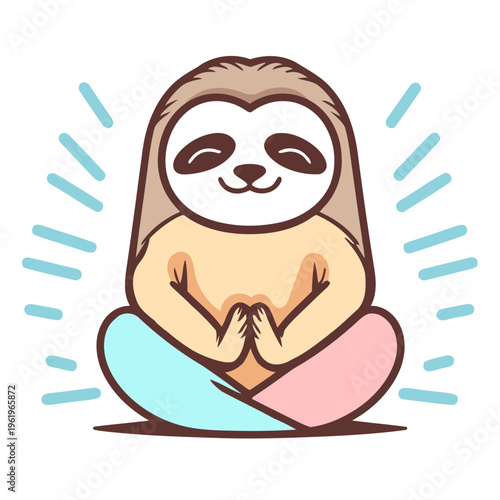 A cute cartoon sloth in a meditative pose with a happy face