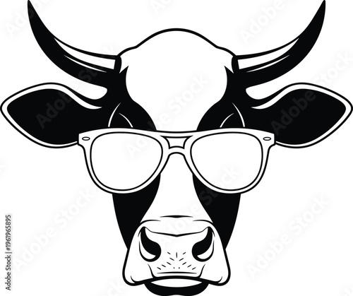 Funny cow head vector illustration wearing sunglasses black and white cartoon bull character isolated on white background for t-shirt design