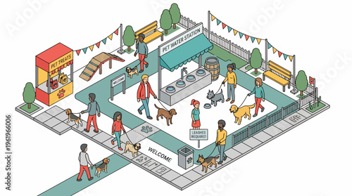 Vibrant Flat Vector Festival Dog Park Illustration with Enclosed Area, Trees, Walkways, Kiosk, and Colorful Banners