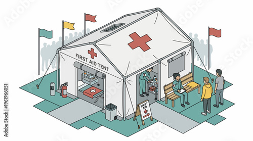 Flat Vector Festival Medical Tent First Aid Station Illustration in Urban City Skyline
