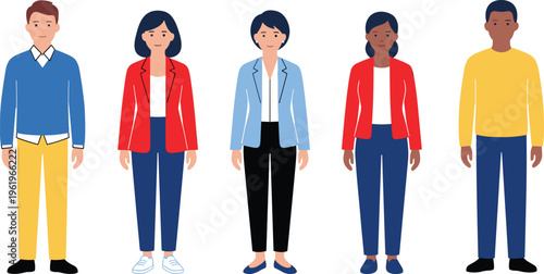Diverse business people character set in flat design style, standing full body, modern office outfit illustration, corporate team concept, isolated on background