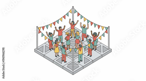 Flat vector illustration of diverse people celebrating festival on vibrant stage with colorful triangular flags, joyful crowd in festive attire raising arms in communal celebration