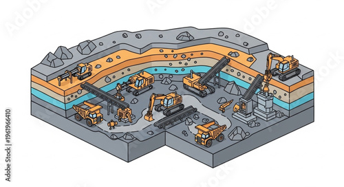 Isometric Illustration of an Open-Pit Mine with Heavy Machinery.