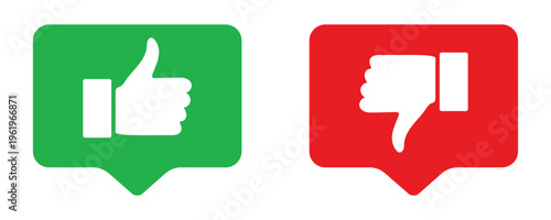 Set of 2 like and dislike, thumbs up and down icons in green and red colors, social media message bubble.