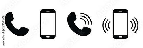 Set of 4 phone call icons in filled style, telephone and mobile phone ringing, communication symbols.