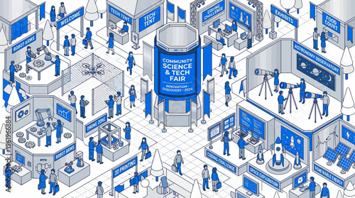 Flat Vector Illustration of a Vibrant Trade Show Festival with Dynamic Booth Layouts, Engaged Attendees, and Cohesive Blue-Gray Design