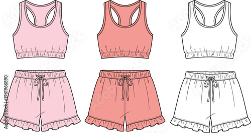Women sleepwear set illustration featuring crop top and shorts, pastel colors, comfortable nightwear design, cute loungewear outfit collection, modern fashion apparel