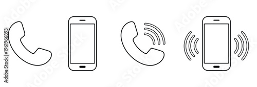 Set of 4 phone call icons in outline style, telephone and mobile phone ringing, communication symbols.