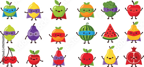 Cute fruit superhero characters set with capes and masks, funny cartoon food mascots collection for kids illustration, stickers, healthy design and playful vector