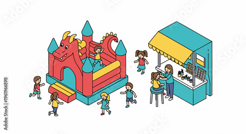 Children Playing at Bouncy Castle with Snack Stand and Dragon-Themed Entrance Under Sunny Skies