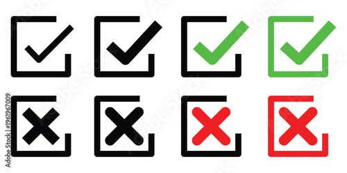 Set of check mark and cross icons in square boxes for validation and denial signs.