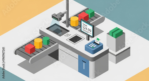 Isometric Checkout System with Conveyor Belts and Product Scanning.