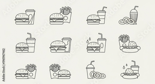 Hand-Drawn Fast Food Icons - Burgers, Fries, and Drinks.