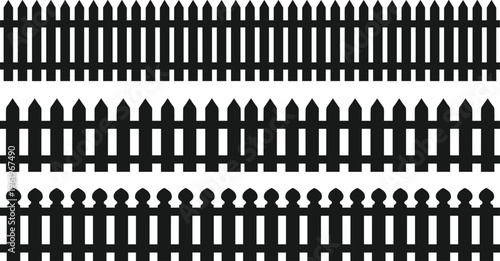 Fence silhouette illustration set, diverse picket designs including pointed, rounded and ornate tops representing outdoor architecture theme - flat vector illustration