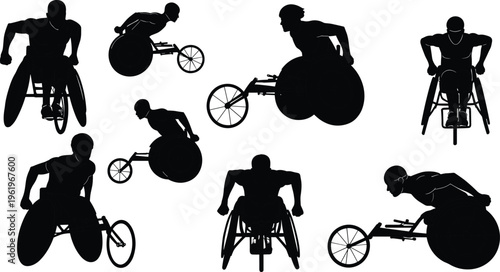 Wheelchair racing silhouette, adaptive sport, athlete motion, disability inclusion, sports equipment, competitive race, dynamic pose, strength, determination