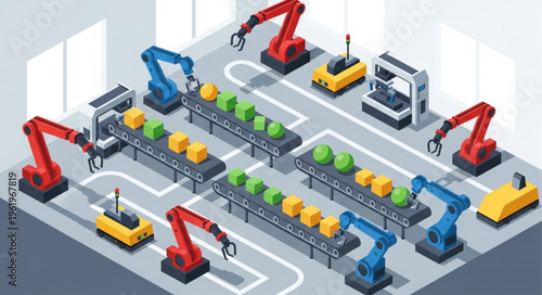 Automated Production Line with Robotic Arms and Conveyor Belts.
