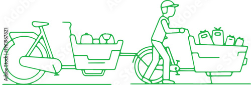 Delivery person transporting goods with a cargo bike and tricycle combo