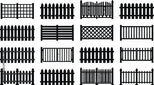 Fence silhouette vector illustration, sixteen designs including picket, lattice, slat, and wrought iron styles for garden, yard, and property boundaries - flat vector illustration