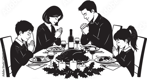 A silhouetted family gathers around a festive dinner table, bowing their heads in prayer before enjoying a traditional holiday meal together.