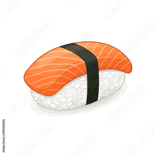 A single piece of salmon nigiri sushi with a strip of nori seaweed, isolated on a white background.