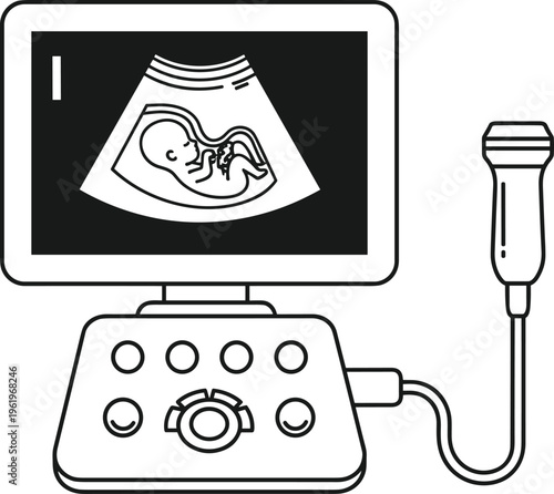 Ultrasound pregnancy scan vector illustration, fetus monitor medical device icon, prenatal healthcare concept, obstetric examination design, cad drawing flat vector illustration