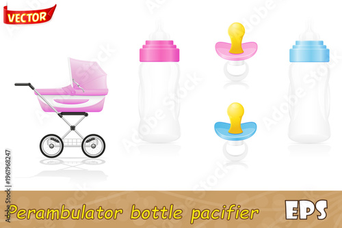set icons perambulator bottle pacifier pink and blue cartoon stock vector illustration