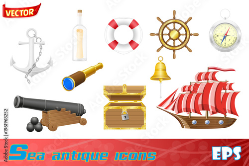 set of sea antique obsolete icons cartoon stock vector illustration