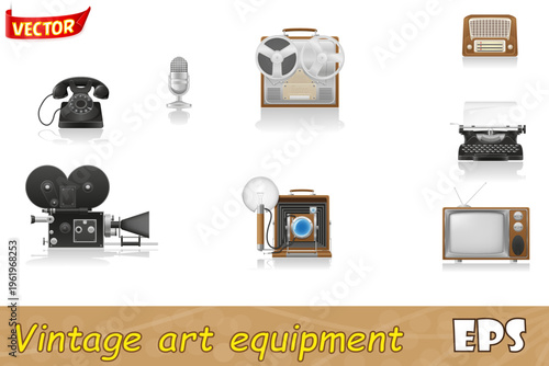 vintage and old art equipment video photo phone recording tv radio writing cartoon stock set icons vector illustration